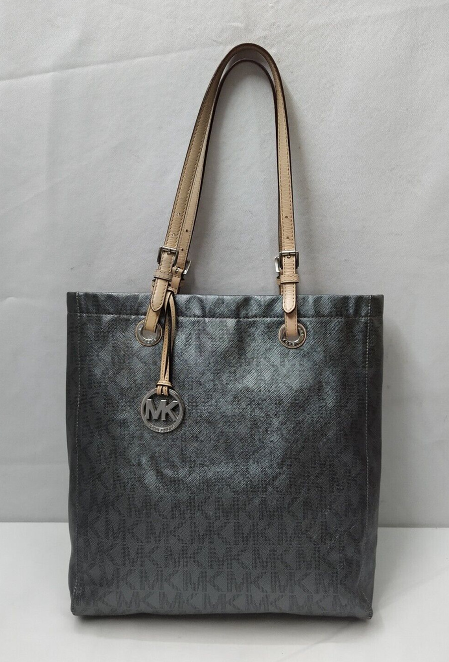 Michael Kors Jet Set Gray Leather MK Printed Double Handles Tote Shoulder Bag - Picture 1 of 16